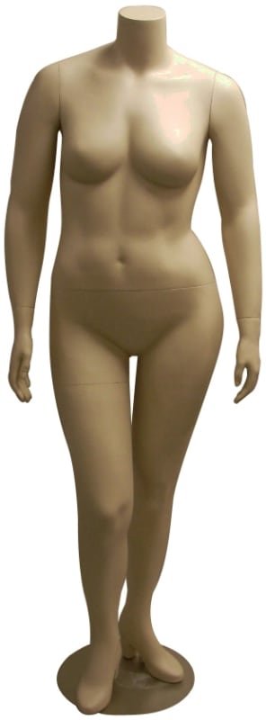 Plus-size female headless mannequin in flesh tone fiberglass with a round metal base and sculpted high-heel feet.