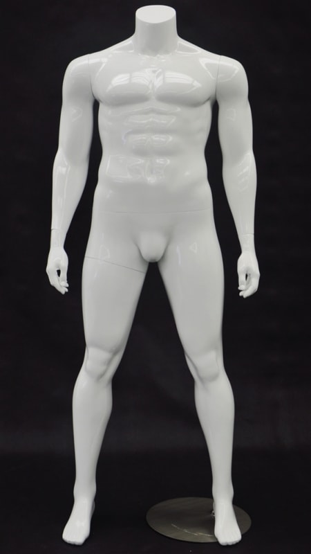 Plus size glossy white headless male mannequin with arms at sides for retail clothing display and fashion merchandising