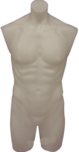 Headless 3/4 male torso mannequin made of unbreakable plastic on a silver metal base for retail clothing display. Headless 3/4 male torso mannequin made of unbreakable plastic on a silver metal base for retail clothing display.