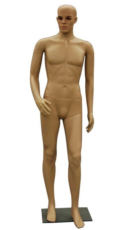 Fleshtone plastic male realistic mannequin with one arm bent, featuring a metal base and calf support for displaying shoes and apparel. Fleshtone plastic male realistic mannequin with one arm bent, featuring a metal base and calf support for displaying shoes and apparel.