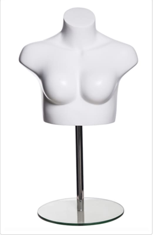 Matte white fiberglass headless female bra display torso with base for tabletop retail display Matte white fiberglass headless female bra display torso with base for tabletop retail display