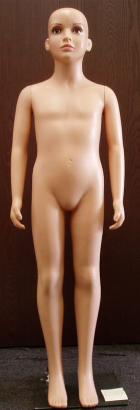 Realistic 51-inch unisex child mannequin in fleshtone unbreakable plastic with base and ankle rod for retail display.