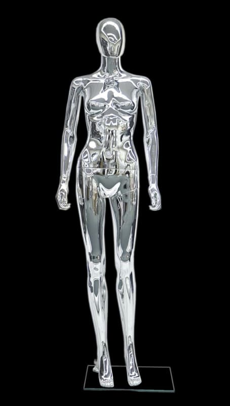 Durable glossy white plastic female egghead mannequin standing on a clear glass base with a metal calf support rod.