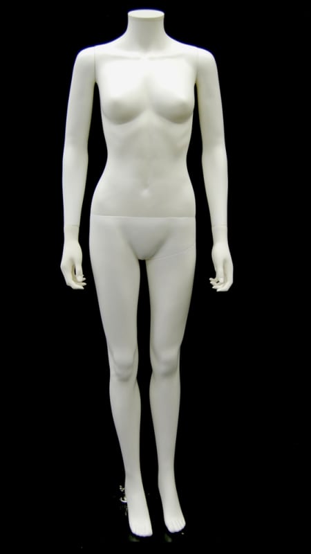 Glossy white female dual-function mannequin with magnetic egghead and headless options, featuring a glass base and metal calf support.