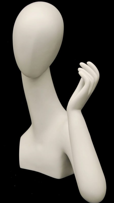 Matte white abstract fiberglass head display with long neck and one arm for retail accessory showcase.