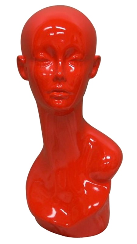 Trish female display head in glossy red fiberglass with pierced ears for jewelry and accessory retail display. Trish female display head in glossy red fiberglass with pierced ears for jewelry and accessory retail display.