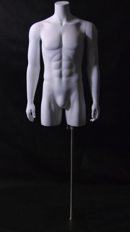Flat white fiberglass male 3/4 torso display with included base for retail apparel merchandising.