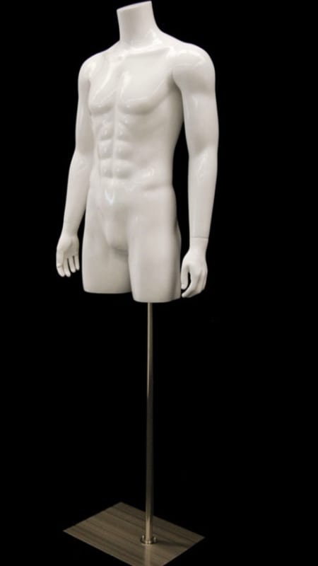 White male 3/4 torso fiberglass mannequin with a metal base for retail clothing display.