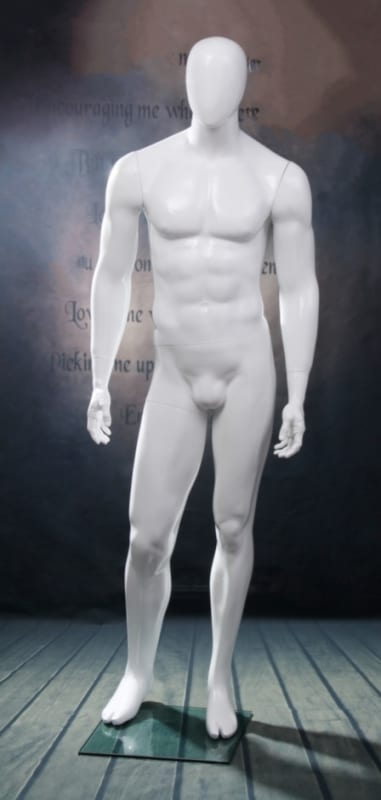 Abstract head male mannequin in glossy white finish for modern retail clothing and fashion display