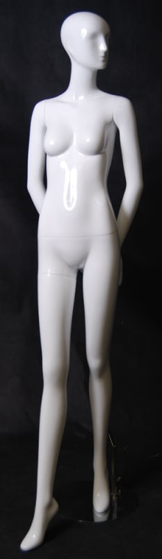 Tall Terry abstract female mannequin in a high gloss white fiberglass finish standing on a stable metal base with ankle and foot rods. Tall Terry abstract female mannequin in a high gloss white fiberglass finish standing on a stable metal base with ankle and foot rods.