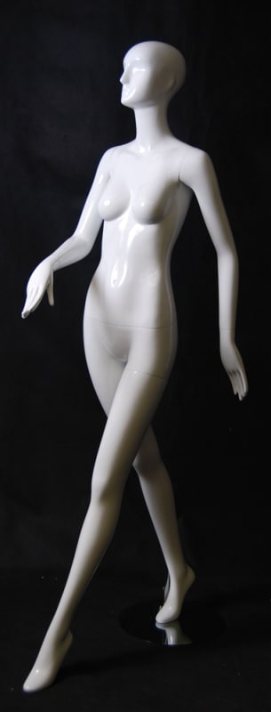 Walking Pose Female Mannequin with an Abstract Head in Glossy White from www.zingdisplay.com