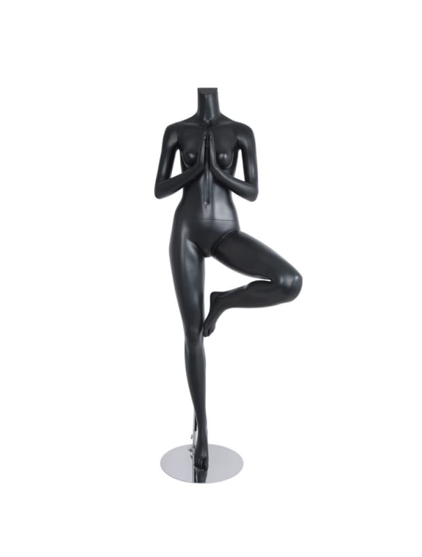 Female Yoga Mannequin Matte Black Tree Pose Headless Changeable Heads