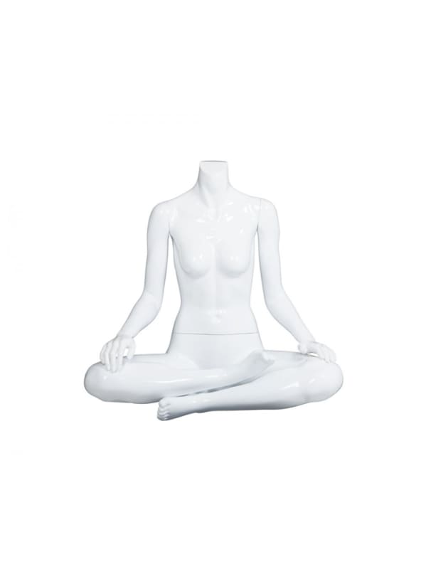 Female Yoga Mannequin Glossy White Ohm Pose Headless Changeable Heads