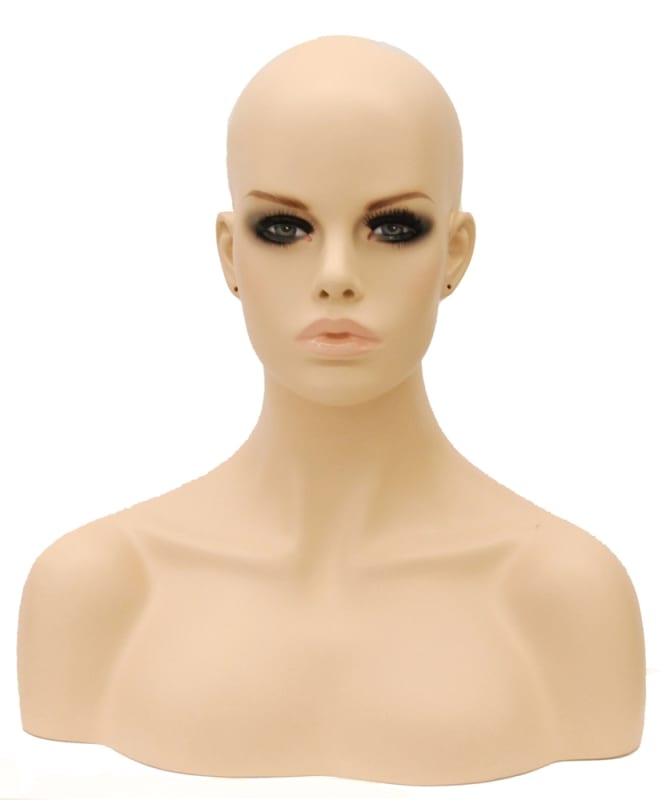 Realistic fleshtone female mannequin head with shoulders and full makeup made of fiberglass for retail displays.