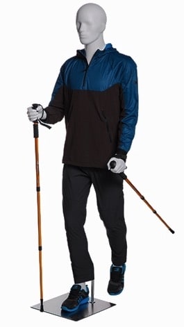 Muscular male athletic mannequin in a glossy white finish, posed in a walking stance with cupped hands for holding hiking sticks.