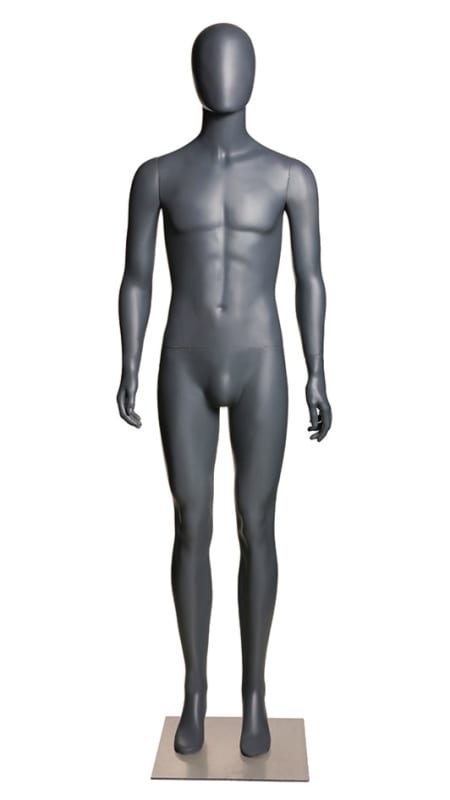 Matte gray male egghead mannequin designed for modern retail clothing and fashion display presentations