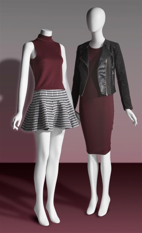 Matte white female mannequins 3 poses egghead and headless retail display set with glass base