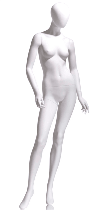 Cameo white Dianna Series female mannequin with arms by side, right leg forward, and tempered glass base