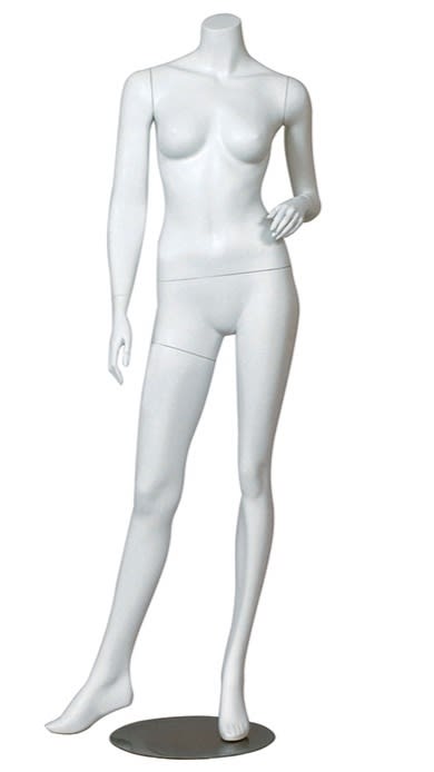 White headless female mannequin in a sassy left-hand-on-hip pose with a circular metal base.