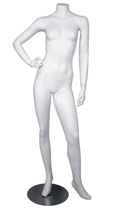 White headless female mannequin in a sassy pose with hand on hip and a circular metal base.