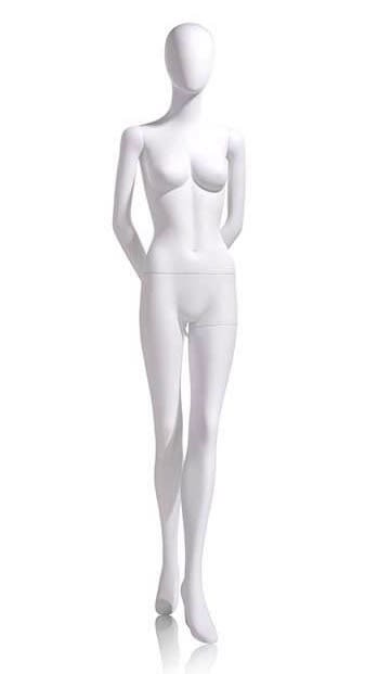 Female Egghead Mannequin in Matte White with hands behind back and left leg forward Female Egghead Mannequin in Matte White with hands behind back and left leg forward