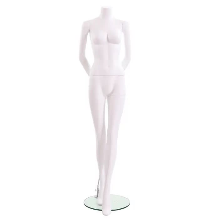 Female Headless Mannequin in Matte White with hands st sides in a straight on pose