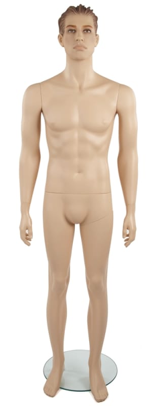 Light flesh tone realistic male mannequin with sculpted brown hair, full makeup, arms down pose, and tempered glass base