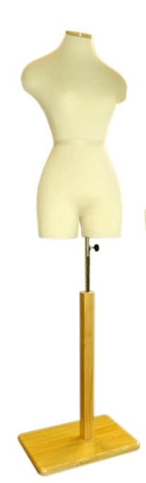 Female Torso Form with Flat Wood Neck Block and Rectangle Base. Pinable for all of your sewing needs.