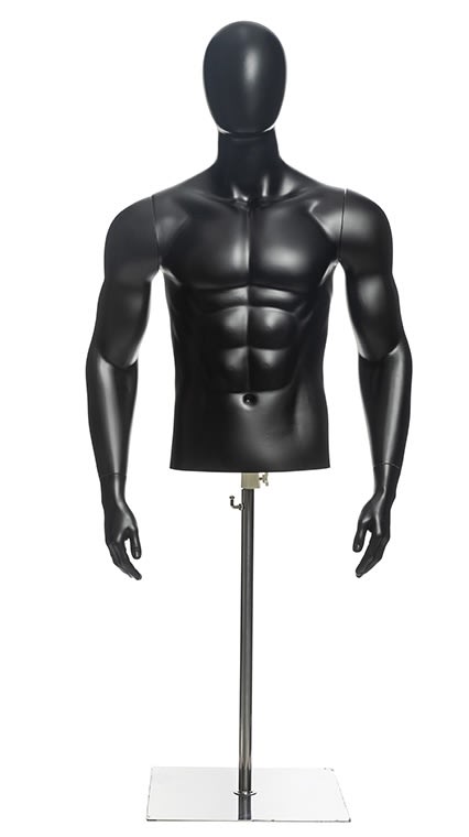 Plastic Male Egghead Torso in Matte Black with Adjustable Floor Base by Mannequins Express