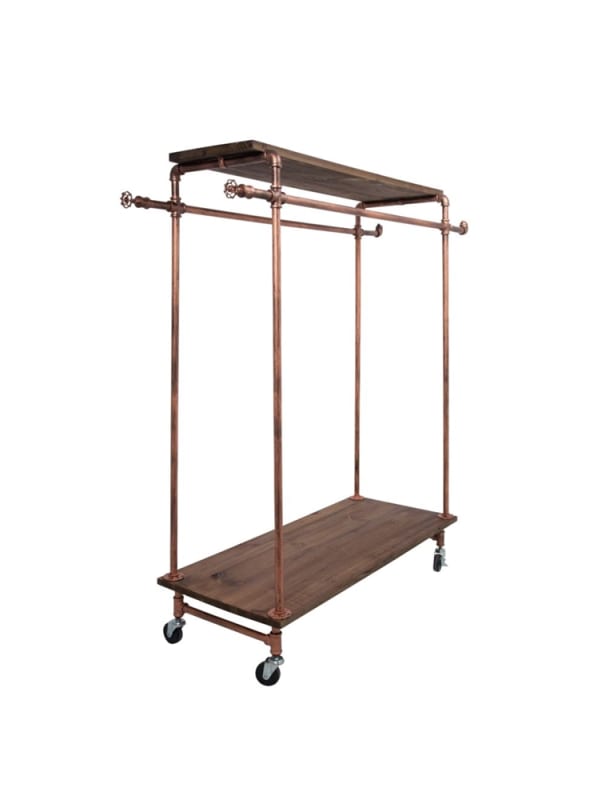 Plumber piping wooden display rack in bronze with caster wheels