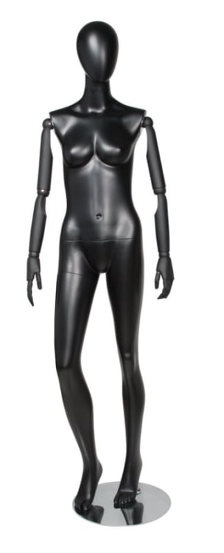 Black female egghead mannequin with posable wooden arms and right leg bent for retail displays Black female egghead mannequin with posable wooden arms and right leg bent for retail displays