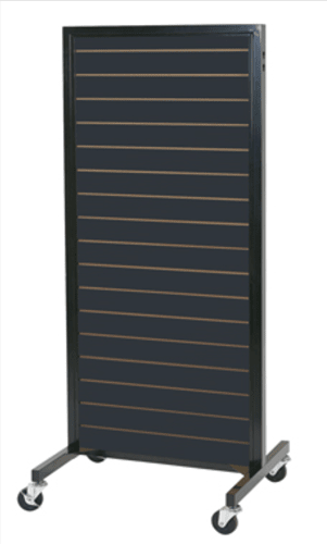 black metal framed rolling slatwall display fixture on wheels for retail merchandising