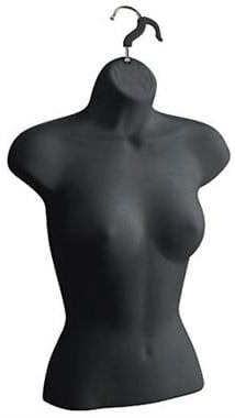 Matte black plastic female torso form with double swivel hanger