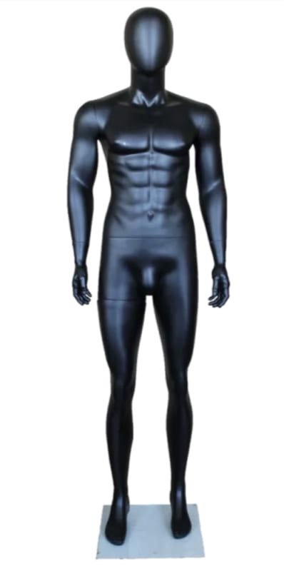Lean muscular matte black male egghead mannequin with tempered glass base
