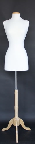 White Jersey Covered Female Dress Form with Wooden Base and Flat Neckcap