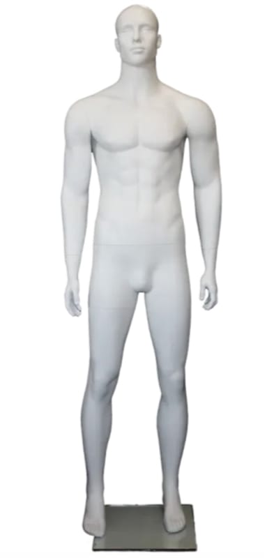 Matte white athletic male mannequin with arms to side
