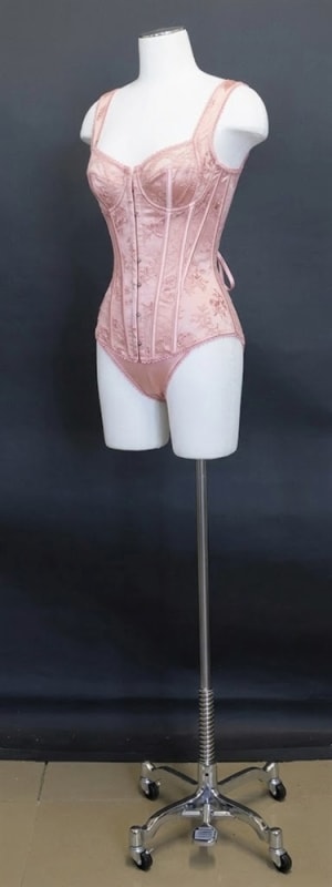 Female 3/4 Dress Form Linen Covered with Chrome rolling base