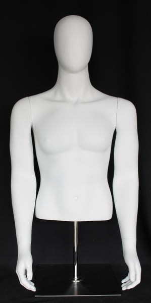 male torso mannequin with head and arms matte white fiberglass with metal base