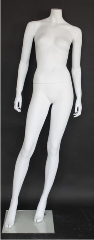 Matte white headless female fiberglass mannequin in a strong elegant standing pose with tempered glass base for retail clothing displays.