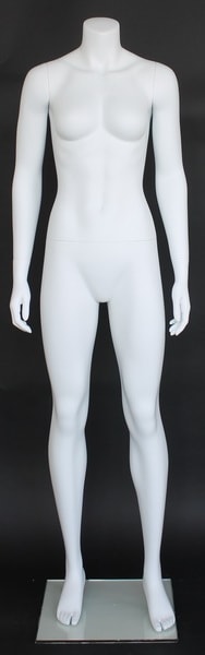 Matte white female headless fiberglass mannequin in a strong athletic standing pose with tempered glass base for activewear retail displays.