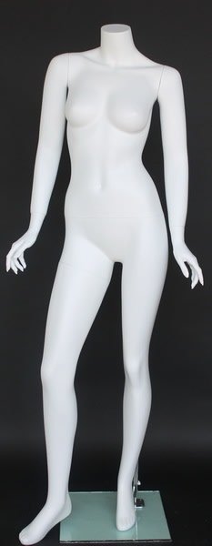 Matte white female headless fiberglass mannequin in a stylish standing pose with tempered glass base for retail clothing displays.