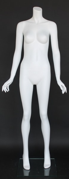 Matte white female headless mannequin with hands out pose, fiberglass construction, and tempered glass base for retail apparel displays.