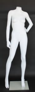 Matte white female headless mannequin with left hand on hip pose, fiberglass construction, and tempered glass base for apparel displays.