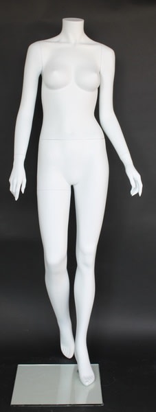 Matte white female headless mannequin walking pose full body retail display form for fashion clothing presentation