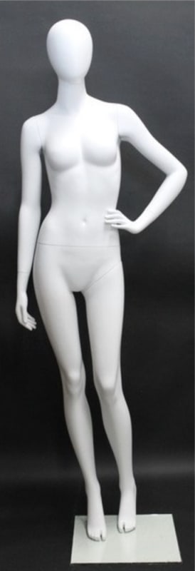 5'11" matte white abstract female fiberglass mannequin with egghead design, hand on hip pose, and glass base for retail display