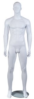 Matte white fiberglass athletic male mannequin with abstract face, arms at sides, standing pose, rotatable shoulders, and tempered glass base for retail clothing and accessory display