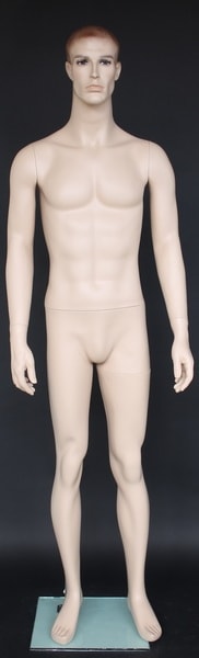 5'11" realistic fleshtone male mannequin with hand-painted face, molded hair, and glass base for military or retail display.