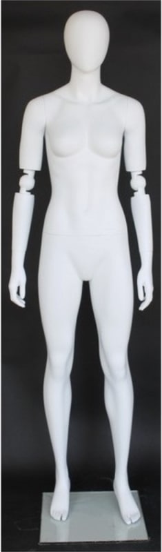 5'11" abstract matte white egghead female fiberglass mannequin with adjustable arms, tempered glass base, and foot and calf supports
