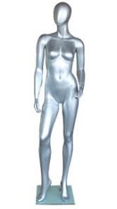 Metallic silver contemporary egg face female mannequin with right leg out pose, fiberglass construction, tempered glass base, and support rods