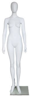 Matte white contemporary egg face female mannequin with fiberglass construction, straight-on pose, and tempered glass base for apparel displays